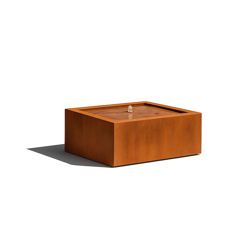 Mesa Square Fountain in corten steel, modern square outdoor water feature