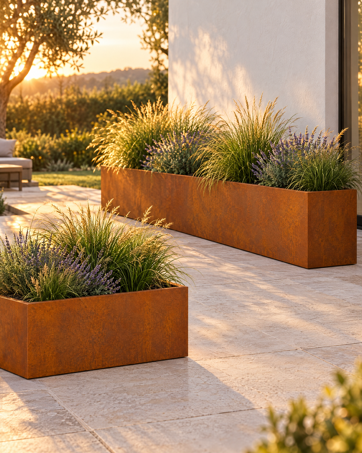 Long rectangular Corten steel planter with ornamental grasses and lavender on a limestone patio at golden hour, with a second planter in the foreground