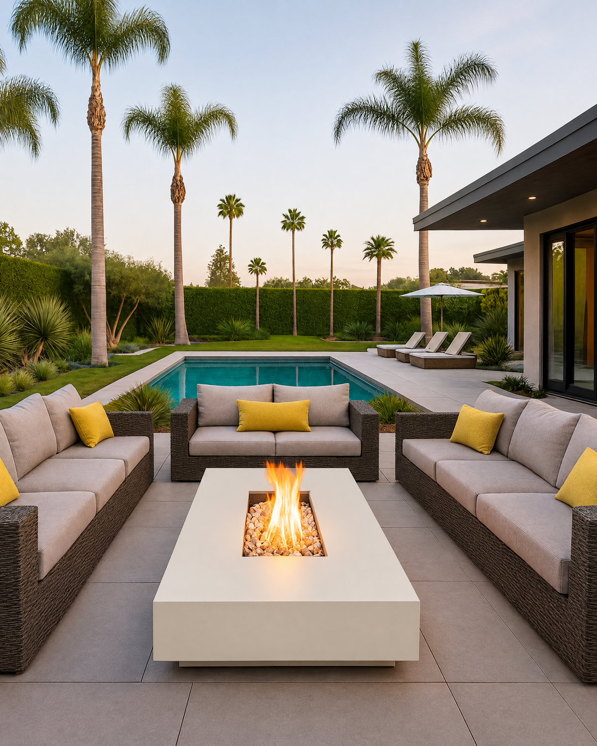 Cream powder-coated steel fire pit table with flames and glass fire media on a modern patio with outdoor sofas and a pool at sunset