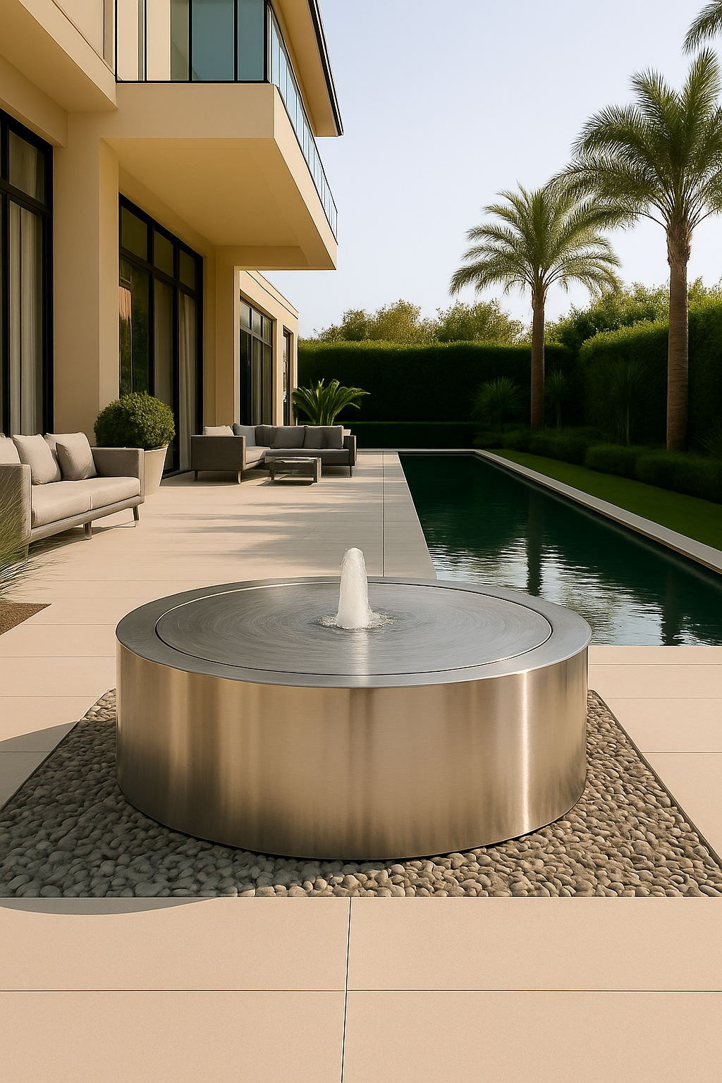 Stainless steel Mesa Circular Fountain, modern round outdoor water feature