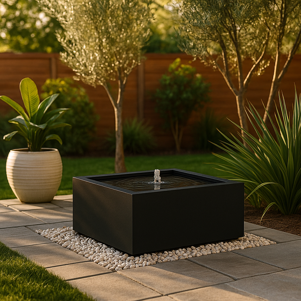 Black steel Mesa Square Fountain, contemporary backyard fountain design