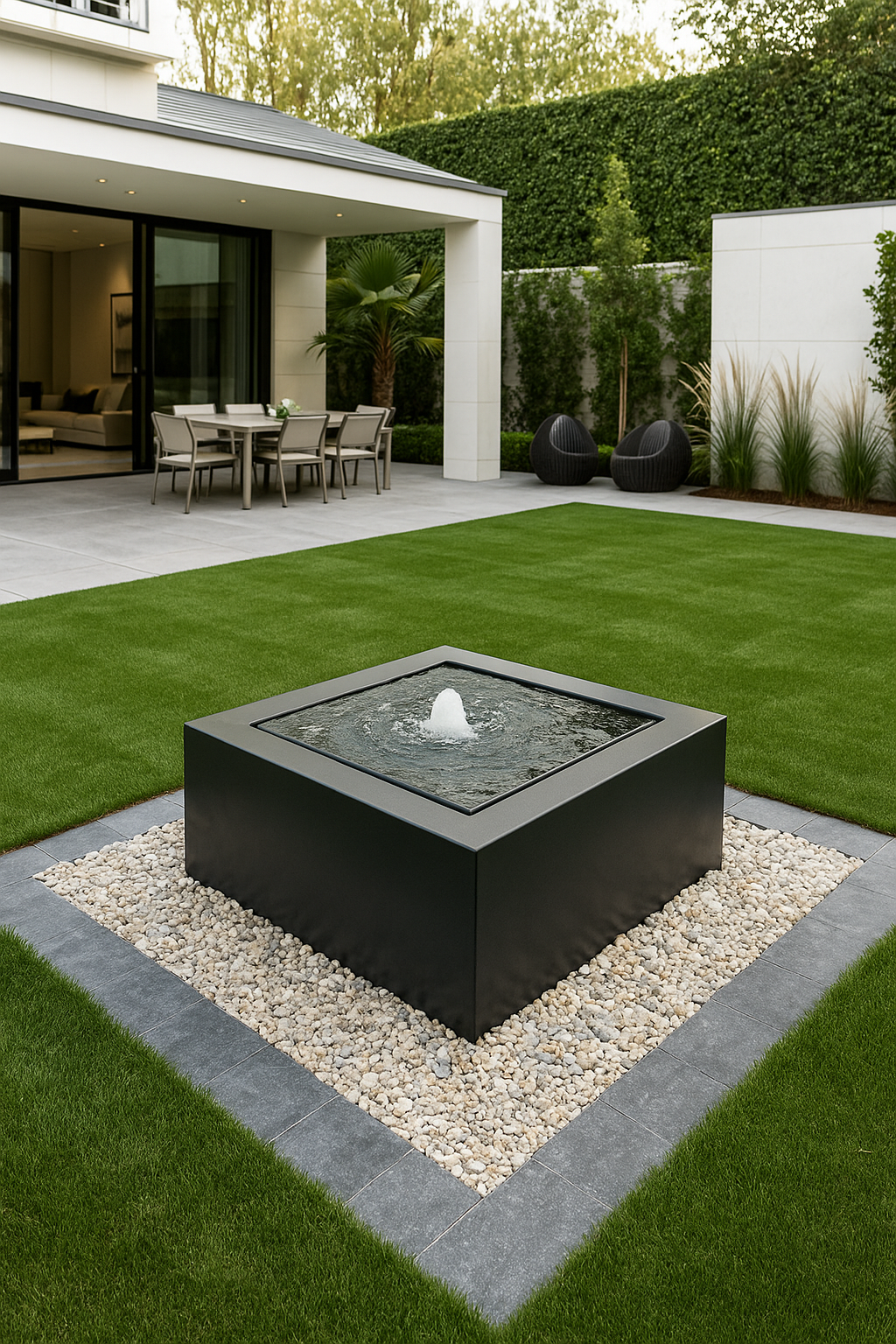 Angle view of Mesa Square Fountain in black steel, outdoor garden fountain
