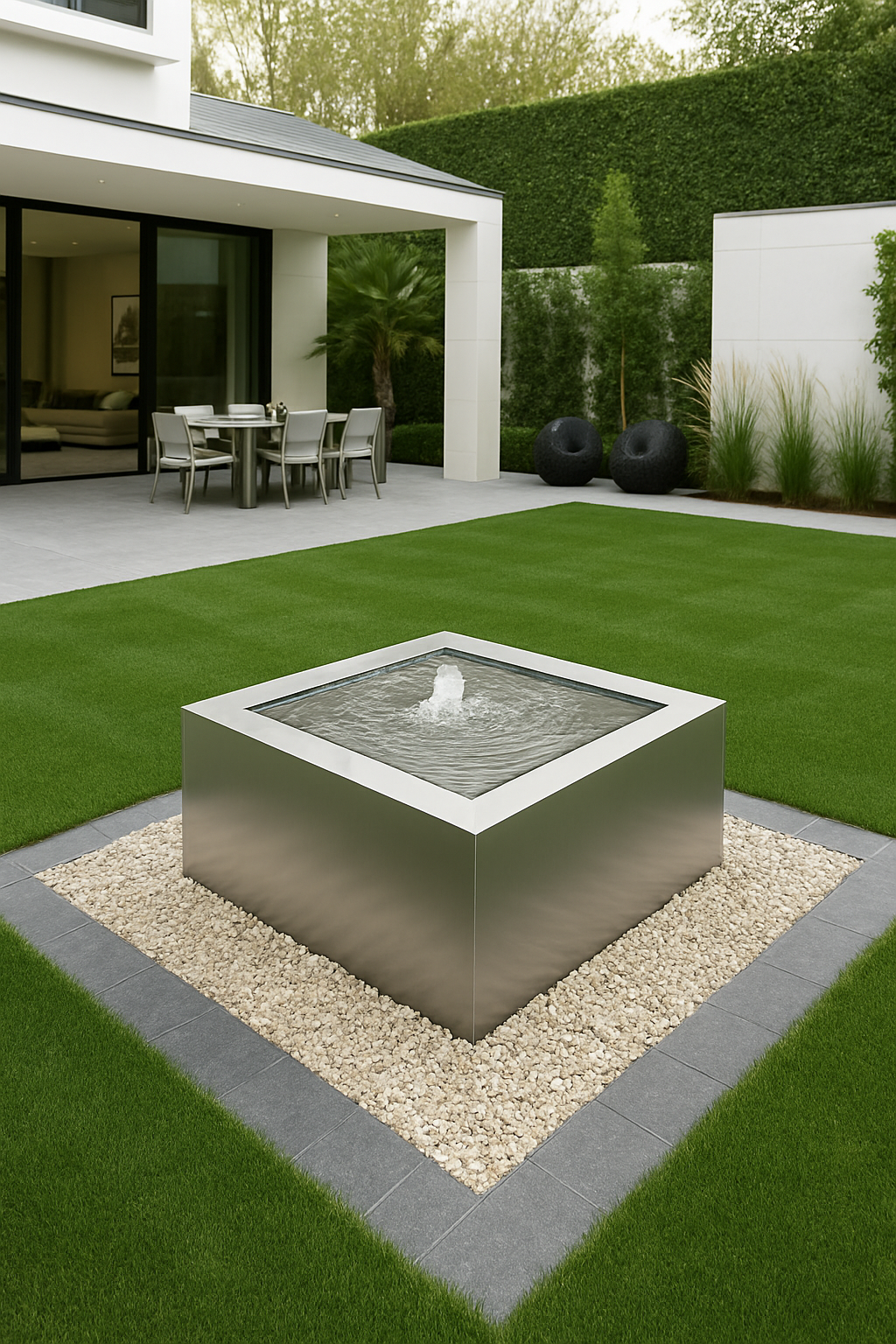 Close-up of Mesa Square Fountain in stainless steel, sleek water flow design