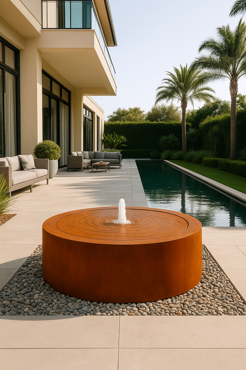Luxury corten steel circular fountain, modern outdoor design element