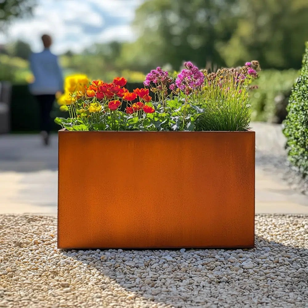 Rectangular planter in corten steel, modern outdoor planter design