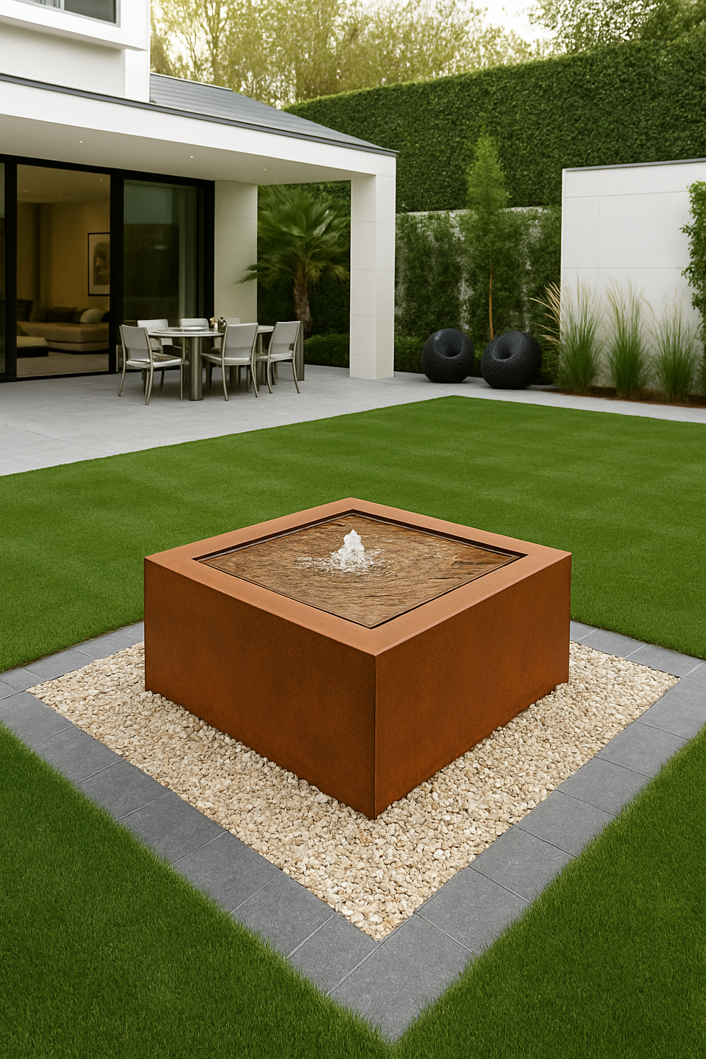 Front view of Mesa Square Fountain in corten steel, outdoor design