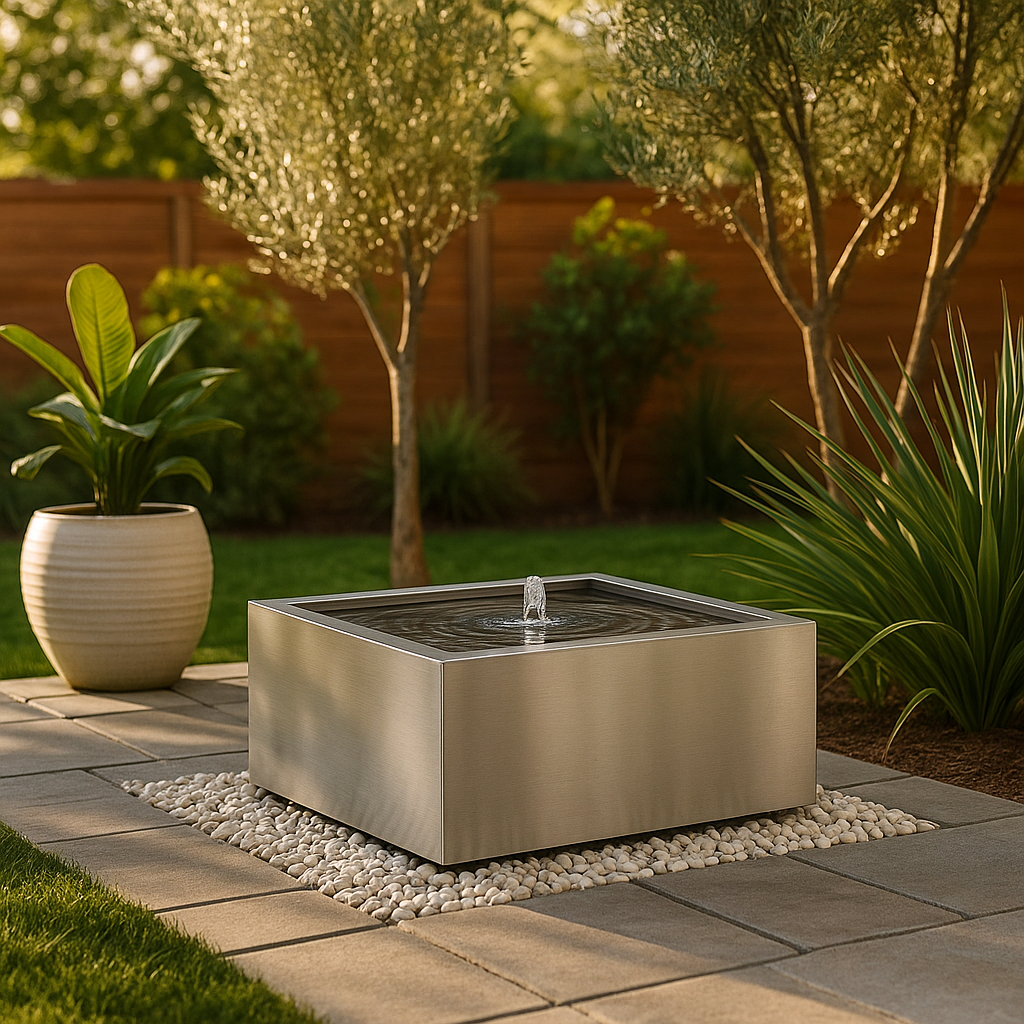 Stainless steel Mesa Square Fountain, contemporary backyard water feature