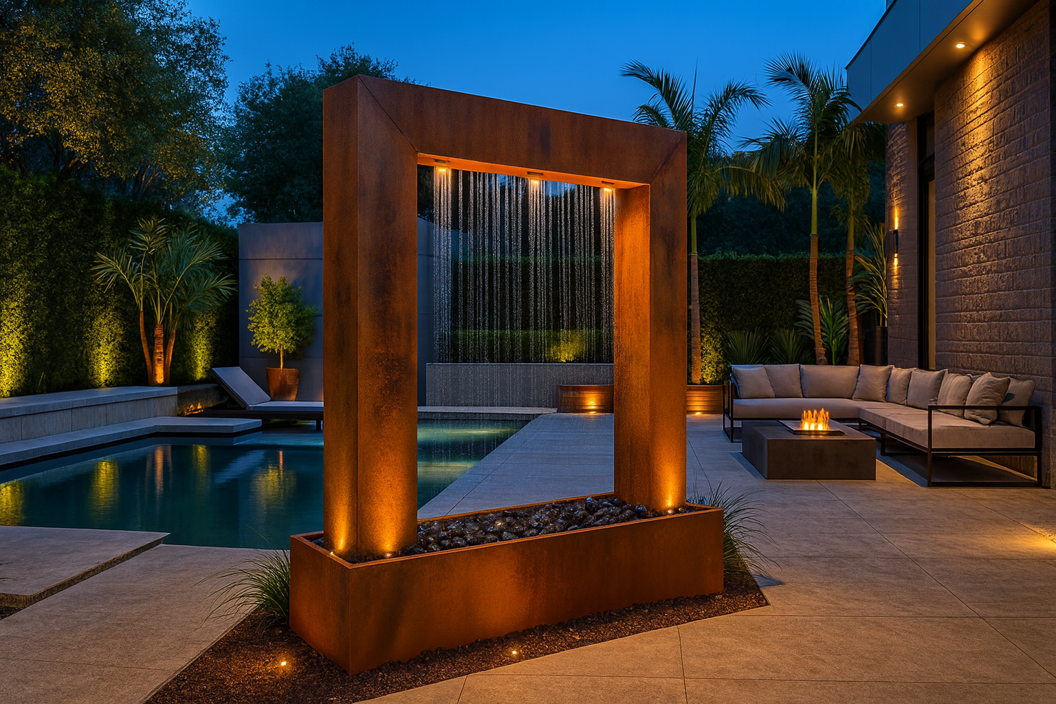 Luxury corten Serenity Frame Rain Curtain Fountain in backyard installation
