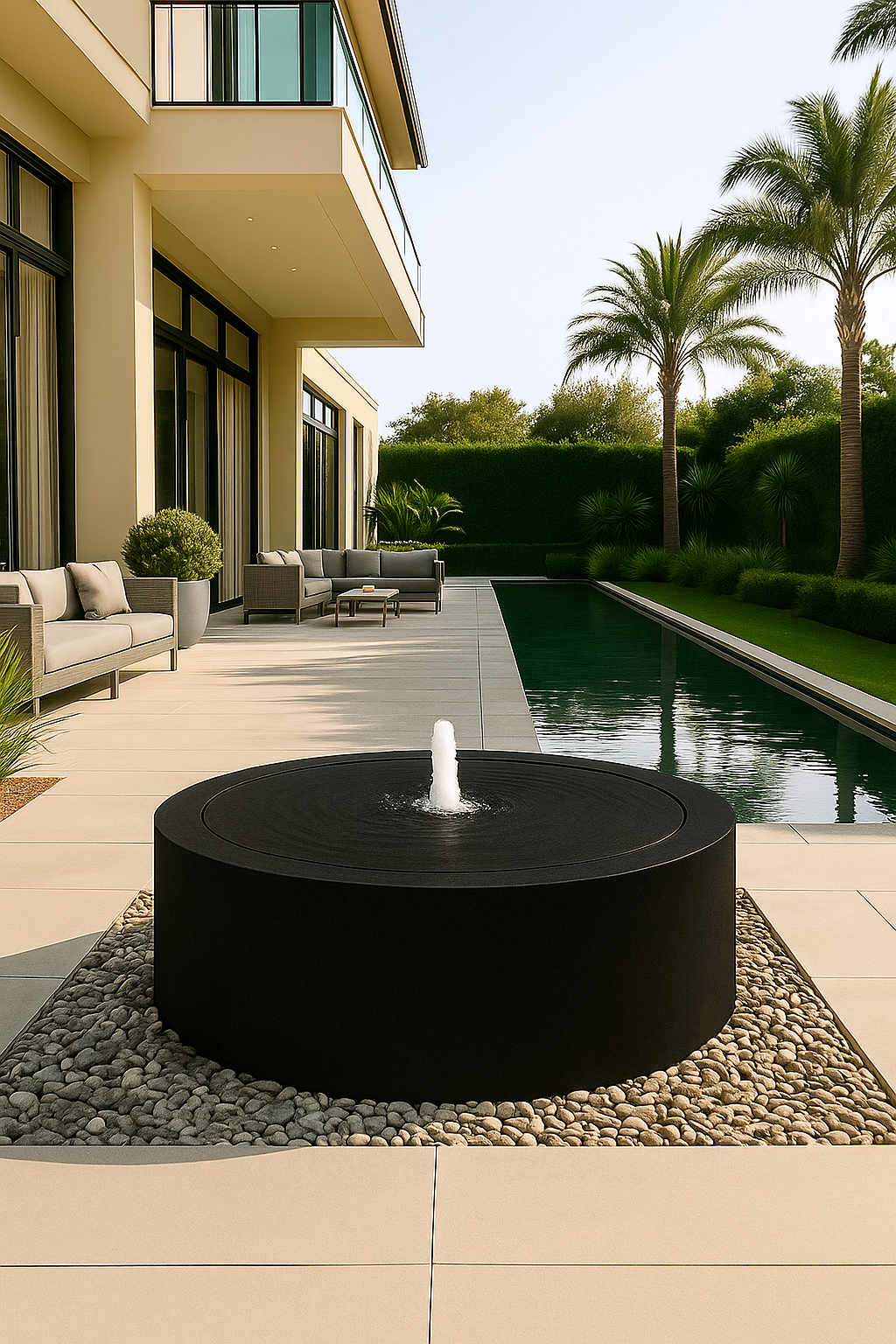 Luxury modern Mesa Circular Fountain in black powder-coated finish
