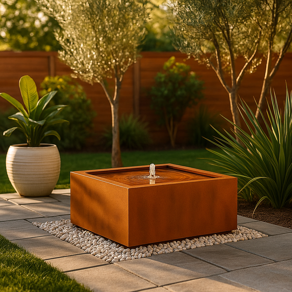 Corten steel Mesa Square Fountain, contemporary backyard fountain design