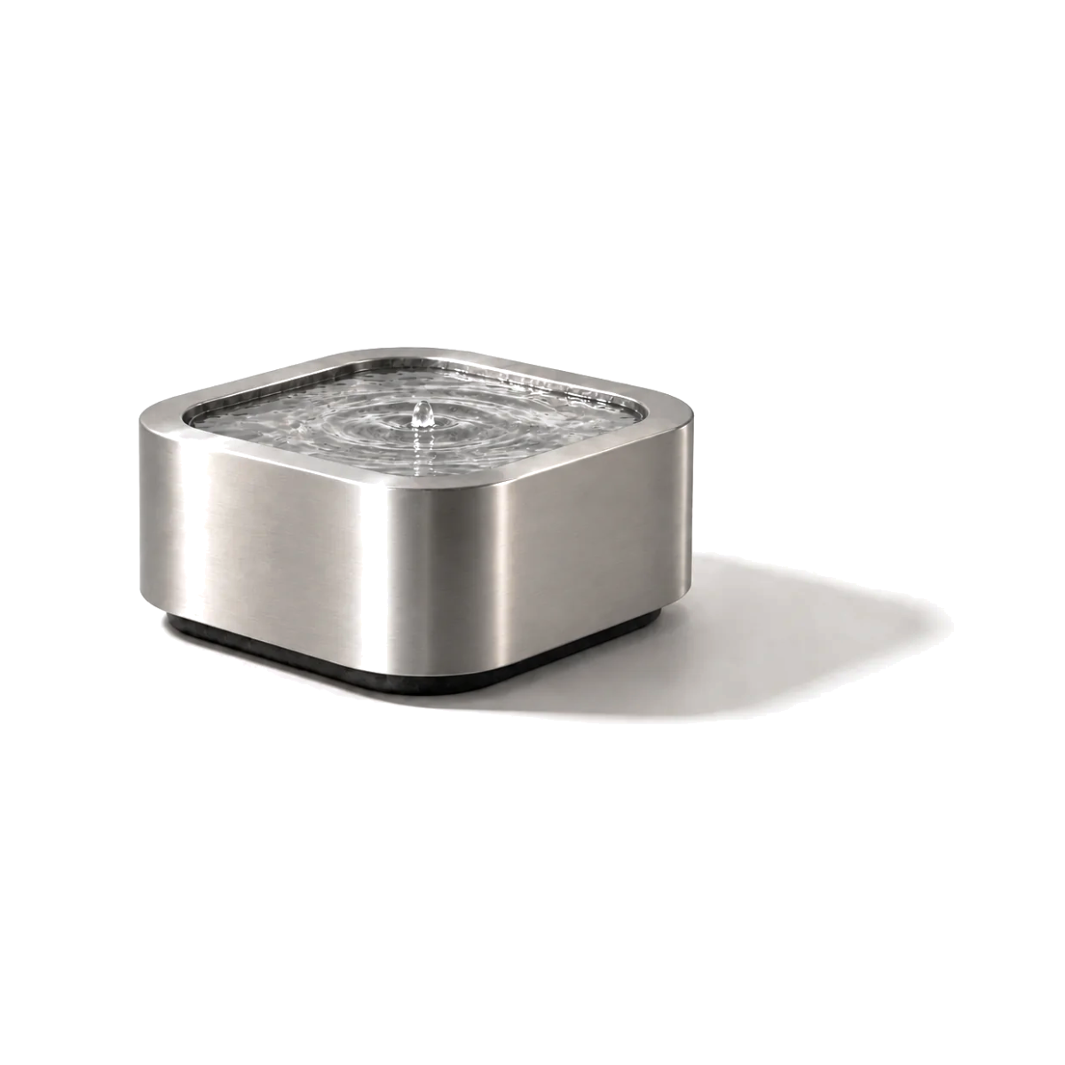 Stainless steel Mesa Soft Square fountain, studio view on white background