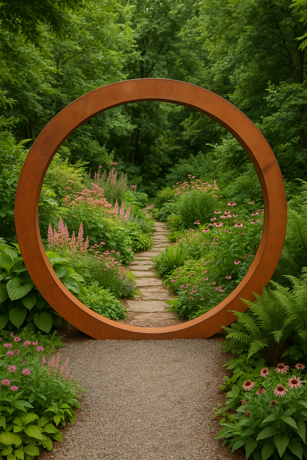 Modern corten steel Moongate archway, architectural outdoor sculpture