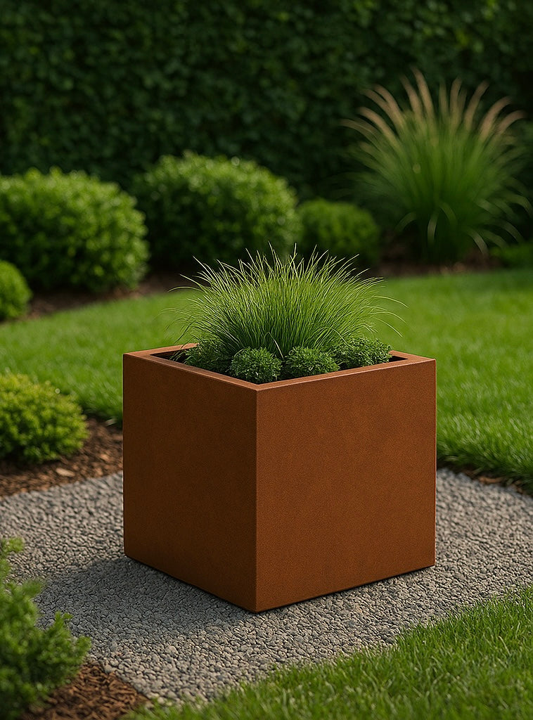 Corten steel square planter, contemporary backyard planter design
