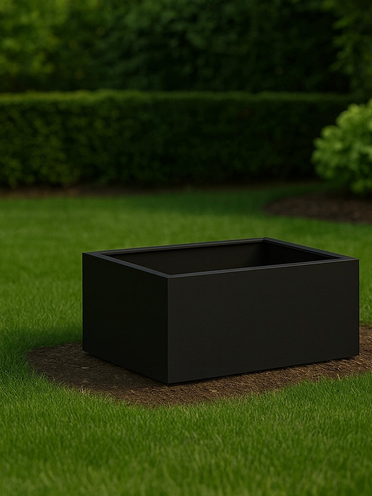 Luxury square planter in black powder-coated finish, modern landscape design