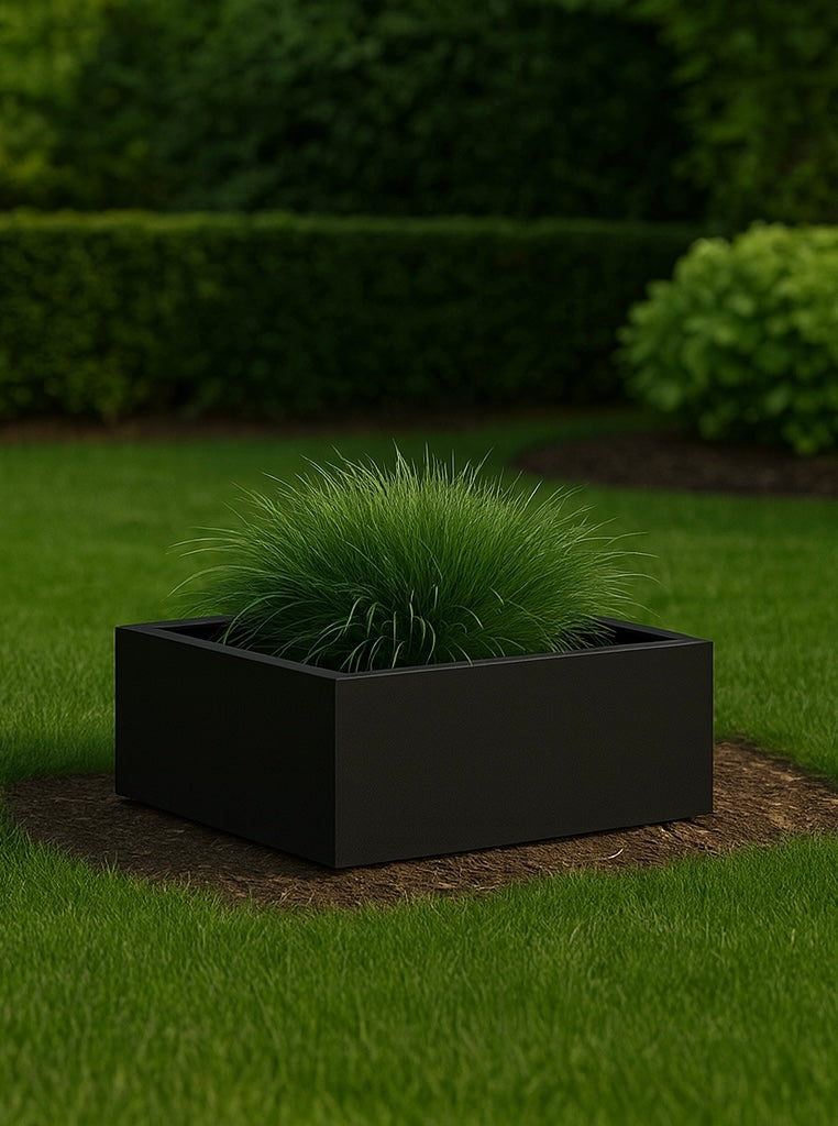 Close-up of square planter in black powder-coated steel, outdoor planter