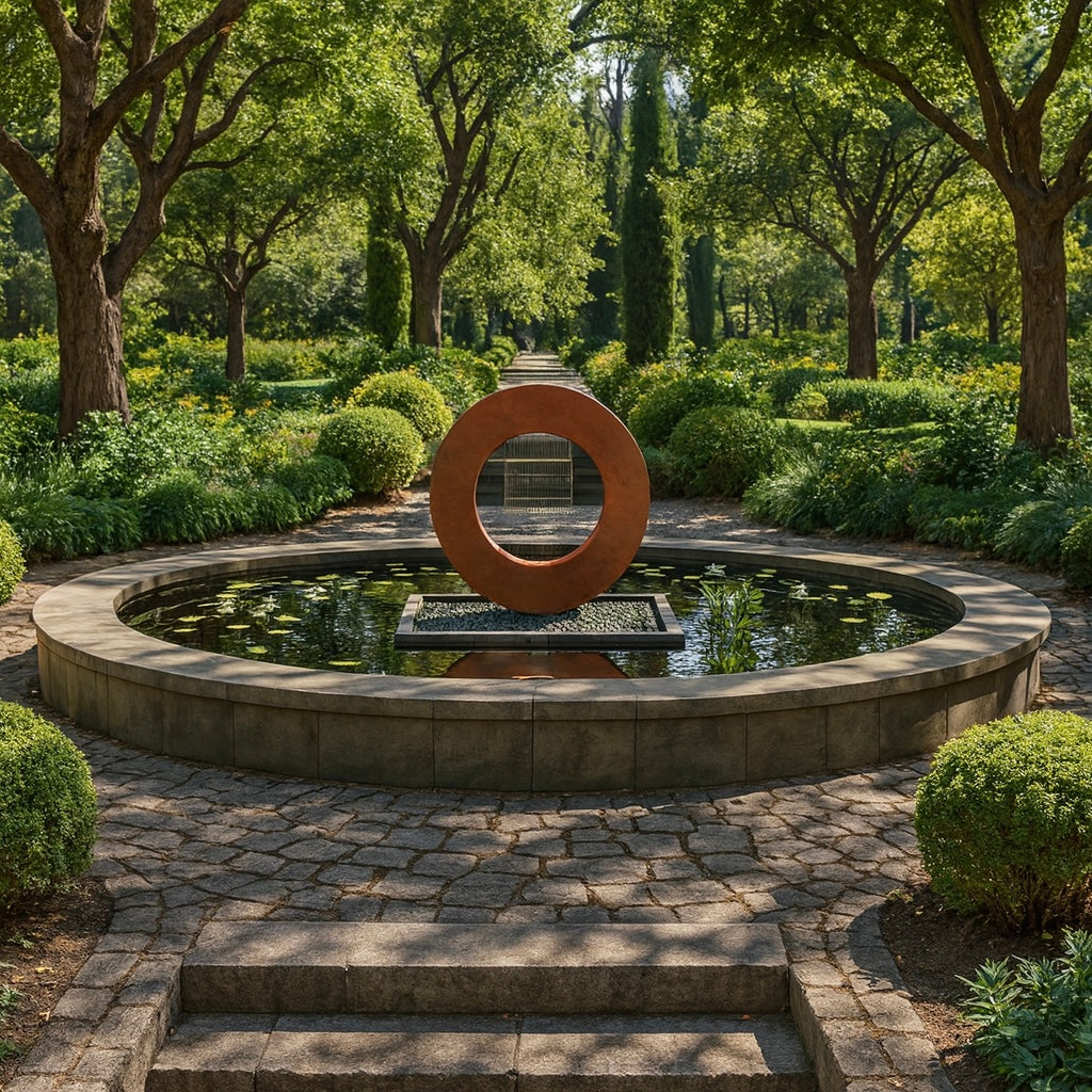 Halo Rain Curtain Fountain in corten steel, luxury backyard installation with landscaping