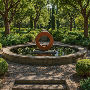 Halo Rain Curtain Fountain in corten steel, luxury backyard installation with landscaping