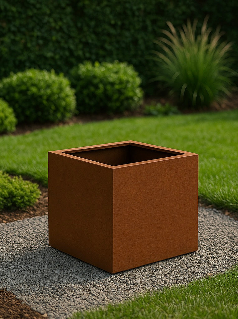 Square planter in corten steel, modern outdoor planter for luxury gardens