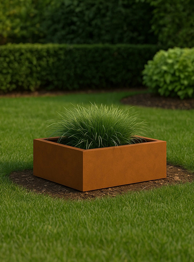 Detail view of square planter in corten steel, modern garden design