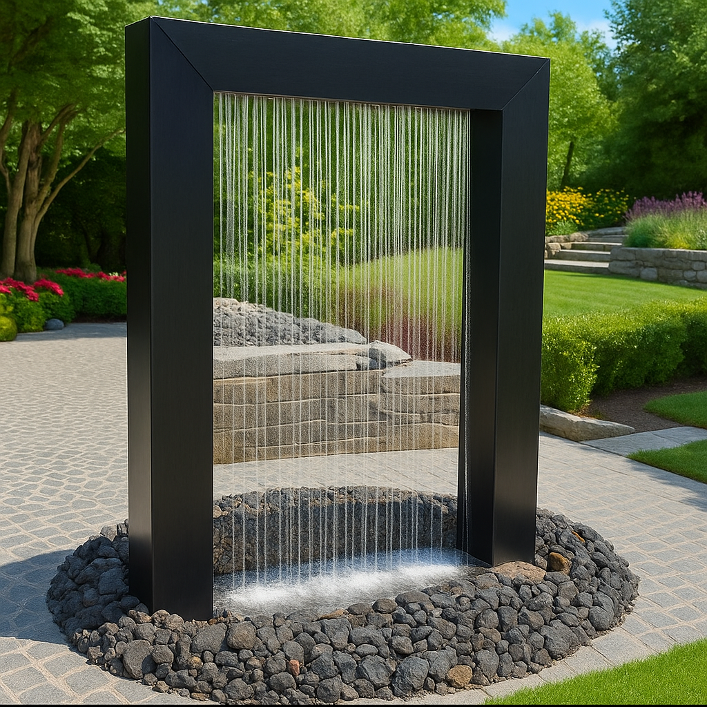 Close-up of Serenity Frame Rain Curtain Fountain in black powder-coated finish