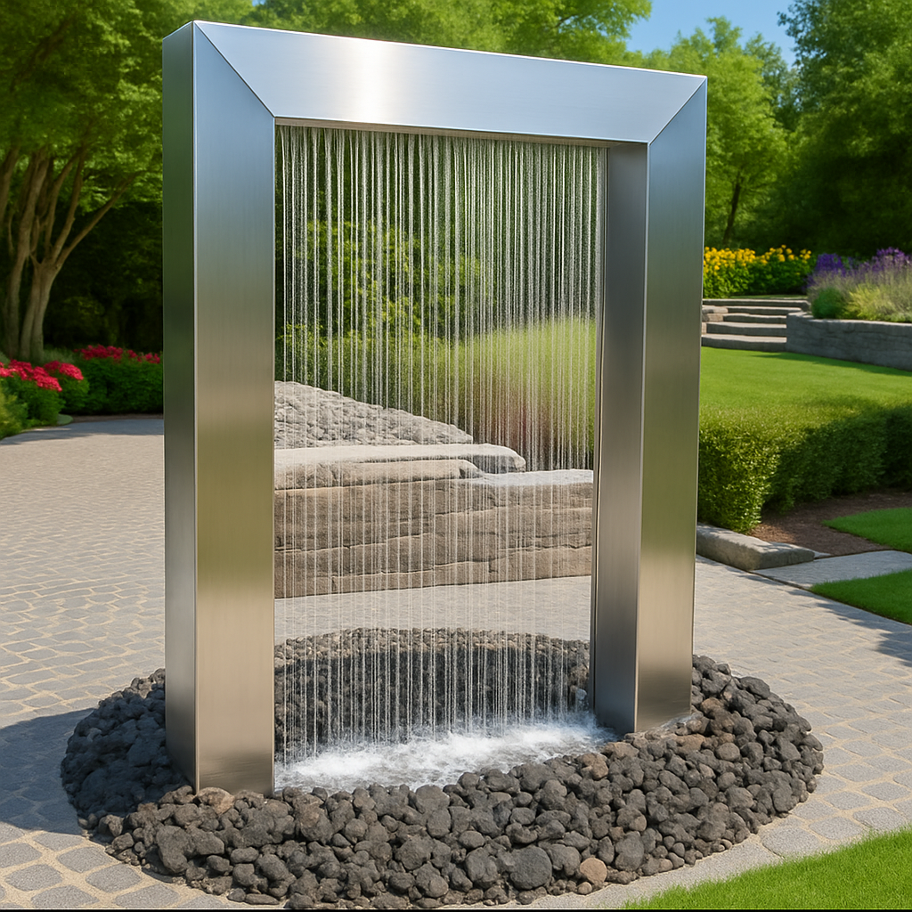 Detail view of Serenity Frame Rain Curtain Fountain in stainless steel