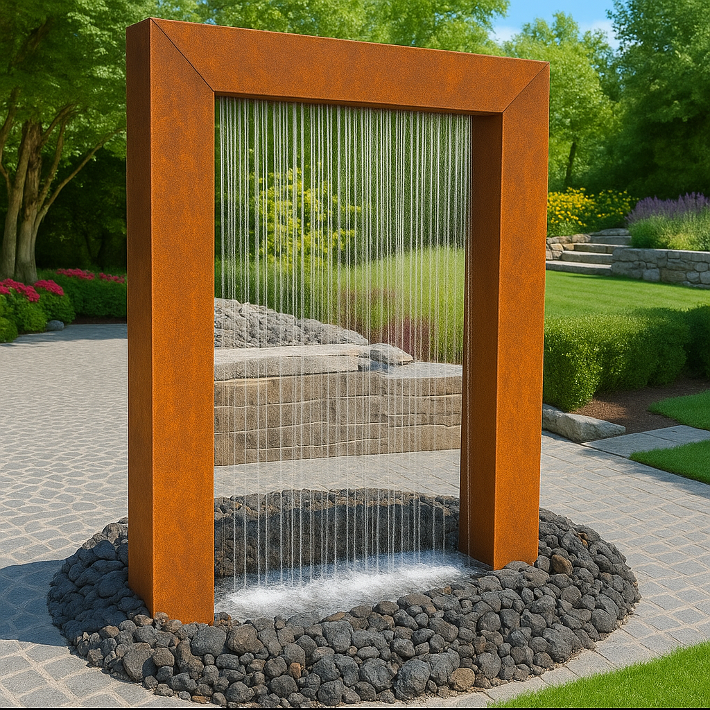 Side angle of Serenity Frame Rain Curtain Fountain in corten steel, modern design