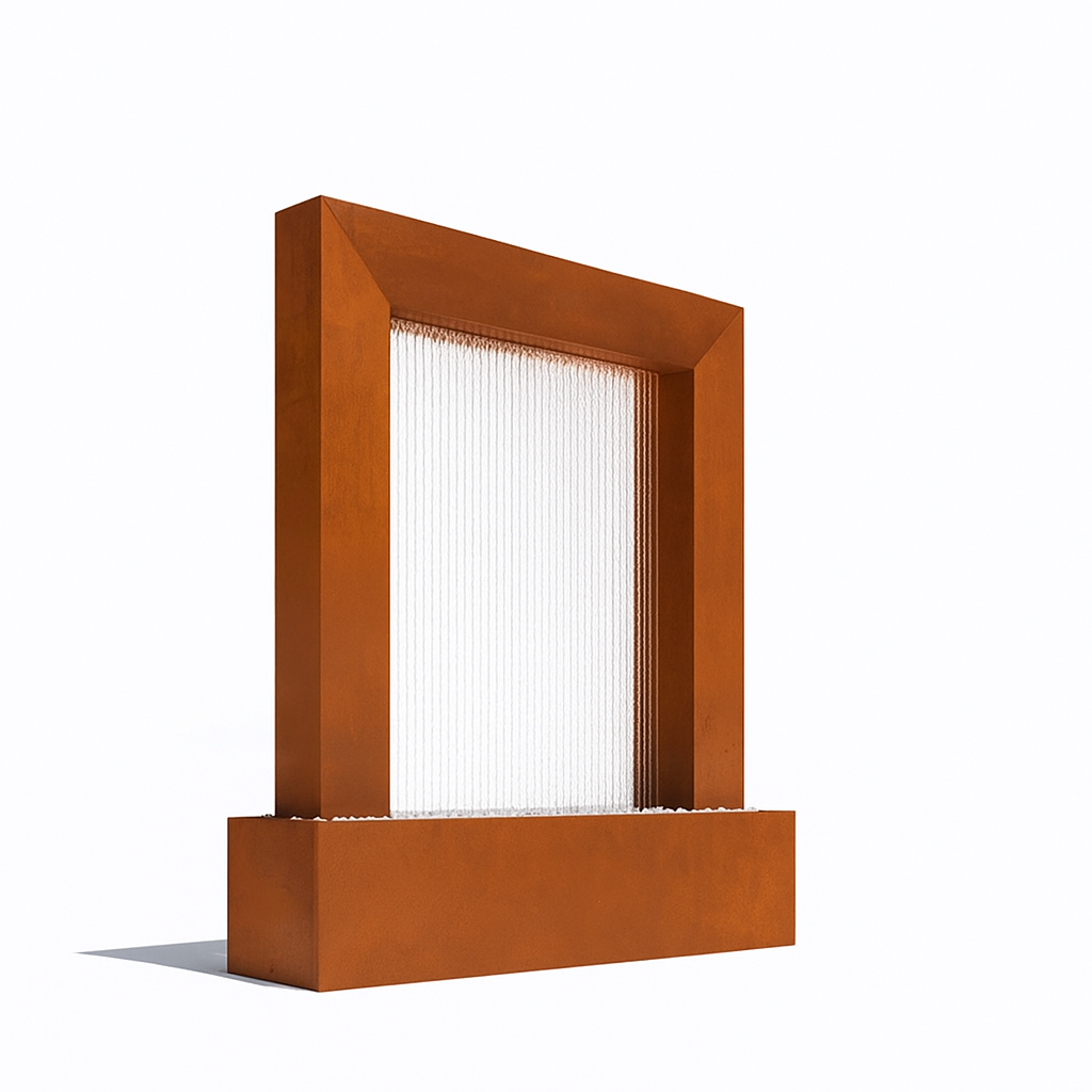 Corten steel Serenity Frame fountain, outdoor rain curtain water feature