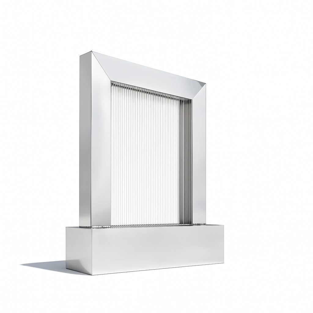 Polished stainless Serenity Frame Rain Curtain Fountain, backyard installation