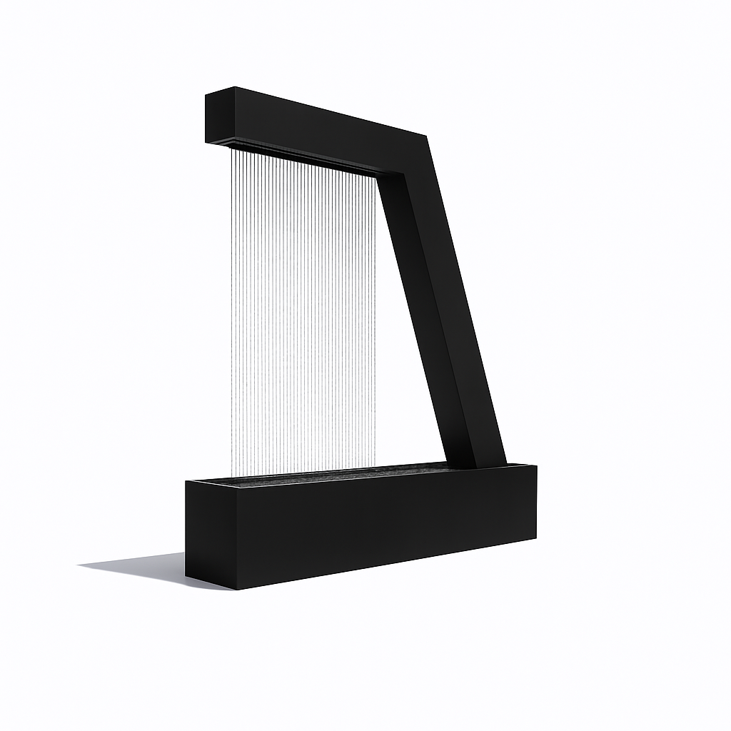 Black steel Zura Flow Fountain, contemporary outdoor rain curtain water feature