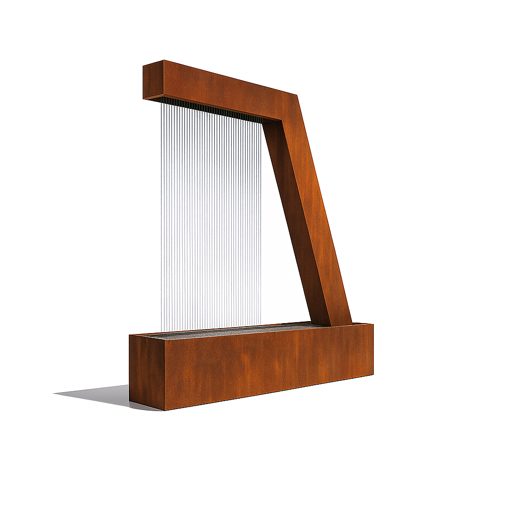 Corten steel Zura Flow Fountain, contemporary backyard rain curtain design