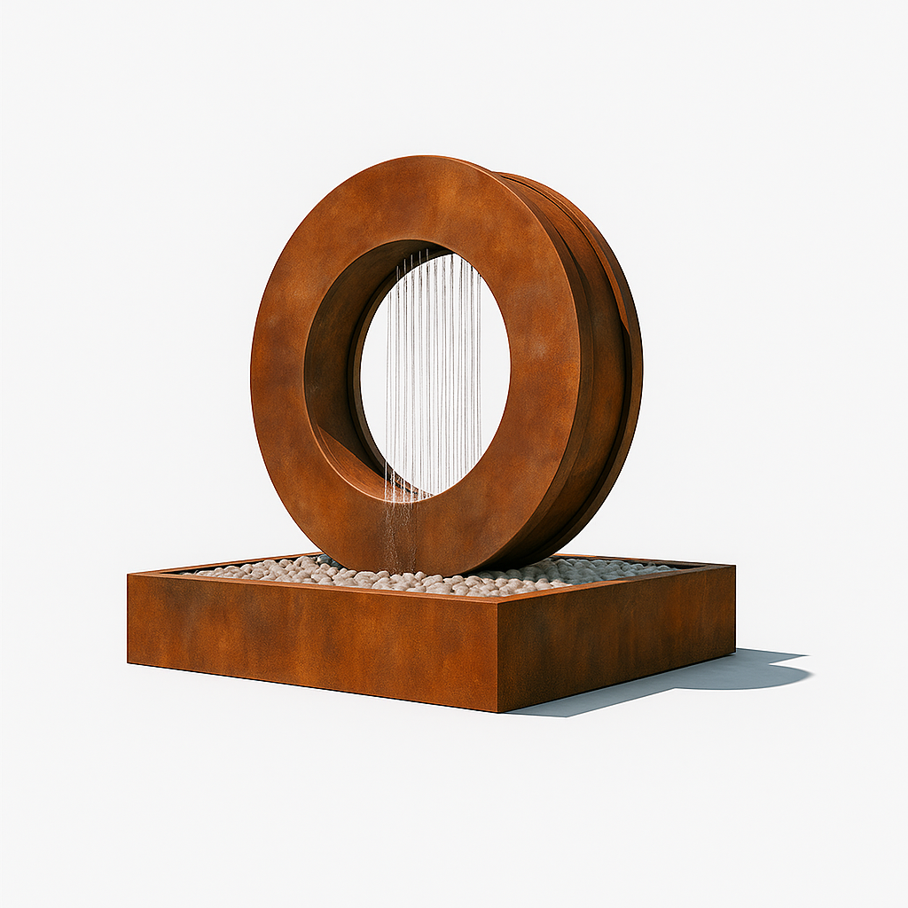 Halo Rain Curtain Fountain in corten steel, modern outdoor water feature