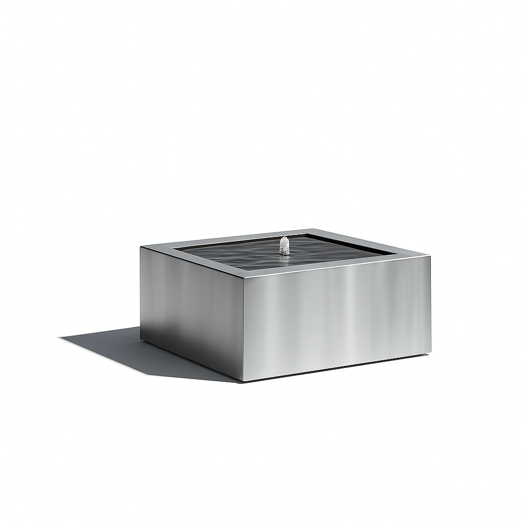 Mesa Square Fountain in polished stainless steel, luxury outdoor fountain