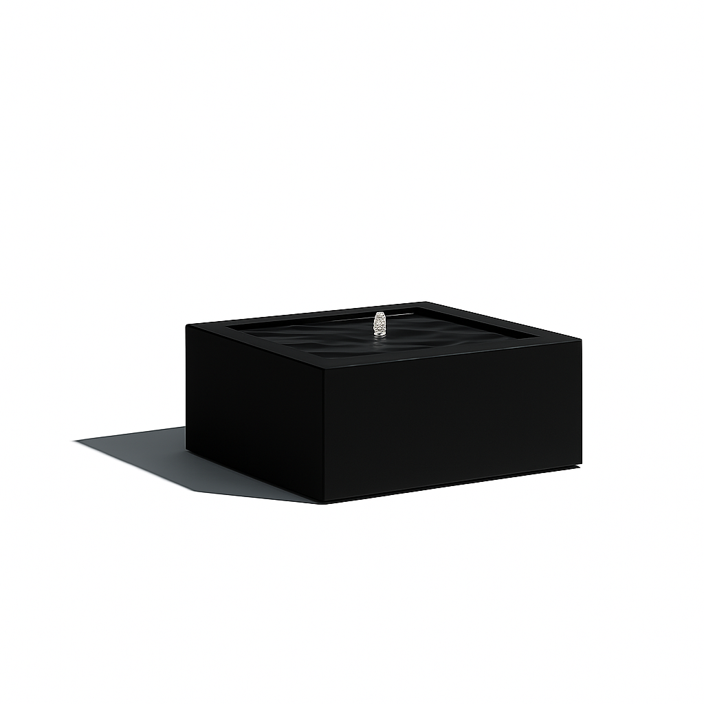 Mesa Square Fountain in black powder-coated steel, sleek modern outdoor fountain