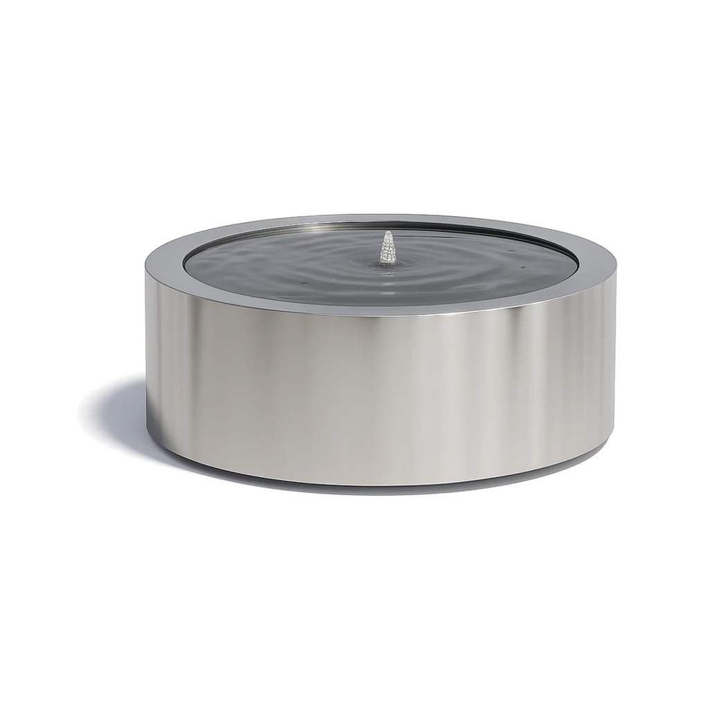 Mesa Circular Fountain in polished stainless steel, luxury circular fountain