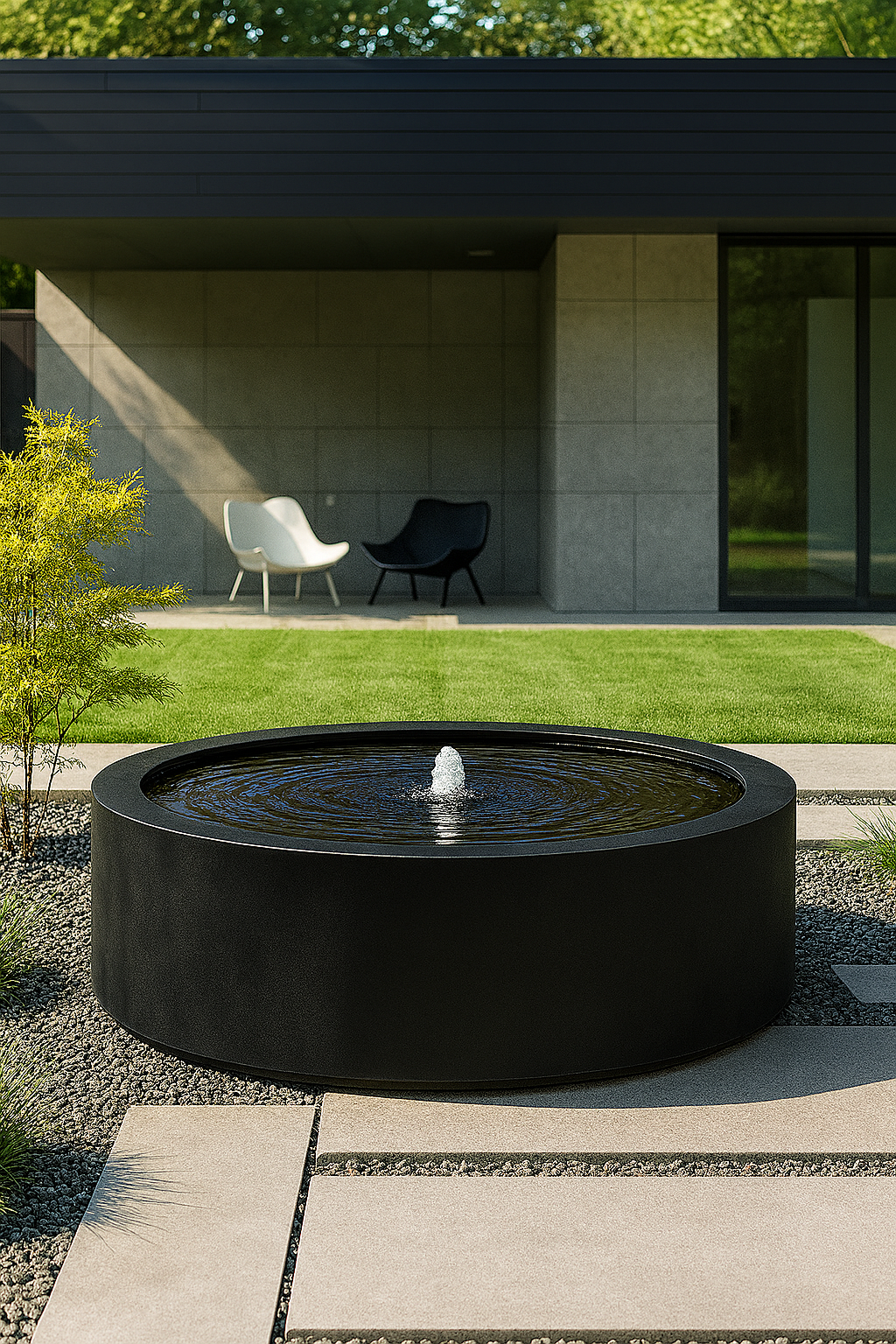 Black steel Mesa Circular Fountain, contemporary round outdoor fountain