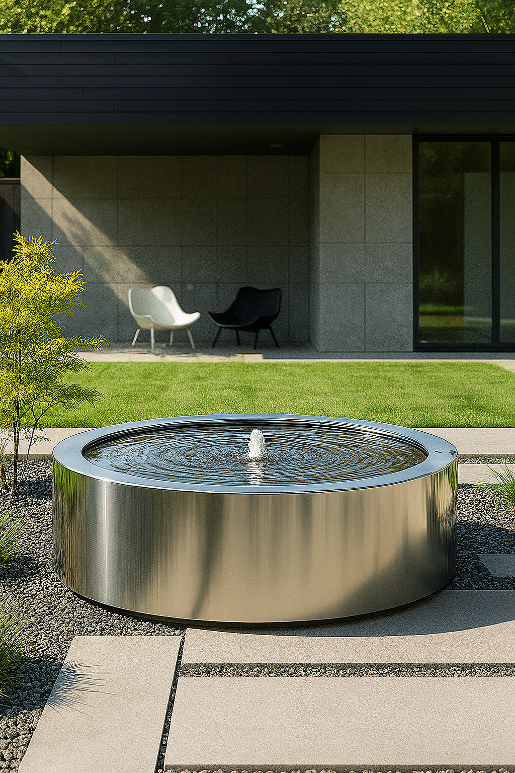 Contemporary stainless Mesa Circular Fountain, backyard water design