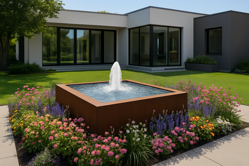 Luxury corten steel square fountain, modern outdoor water feature in garden
