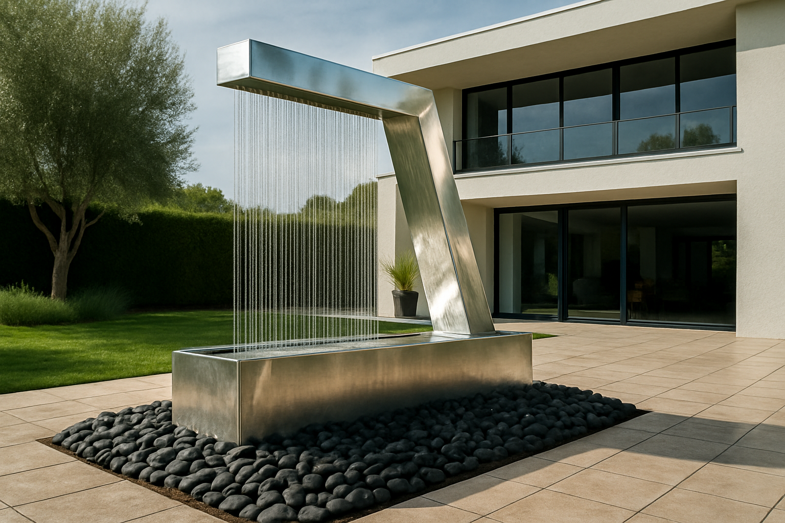 Luxury stainless steel Zura Flow Rain Curtain Fountain, modern water feature installation