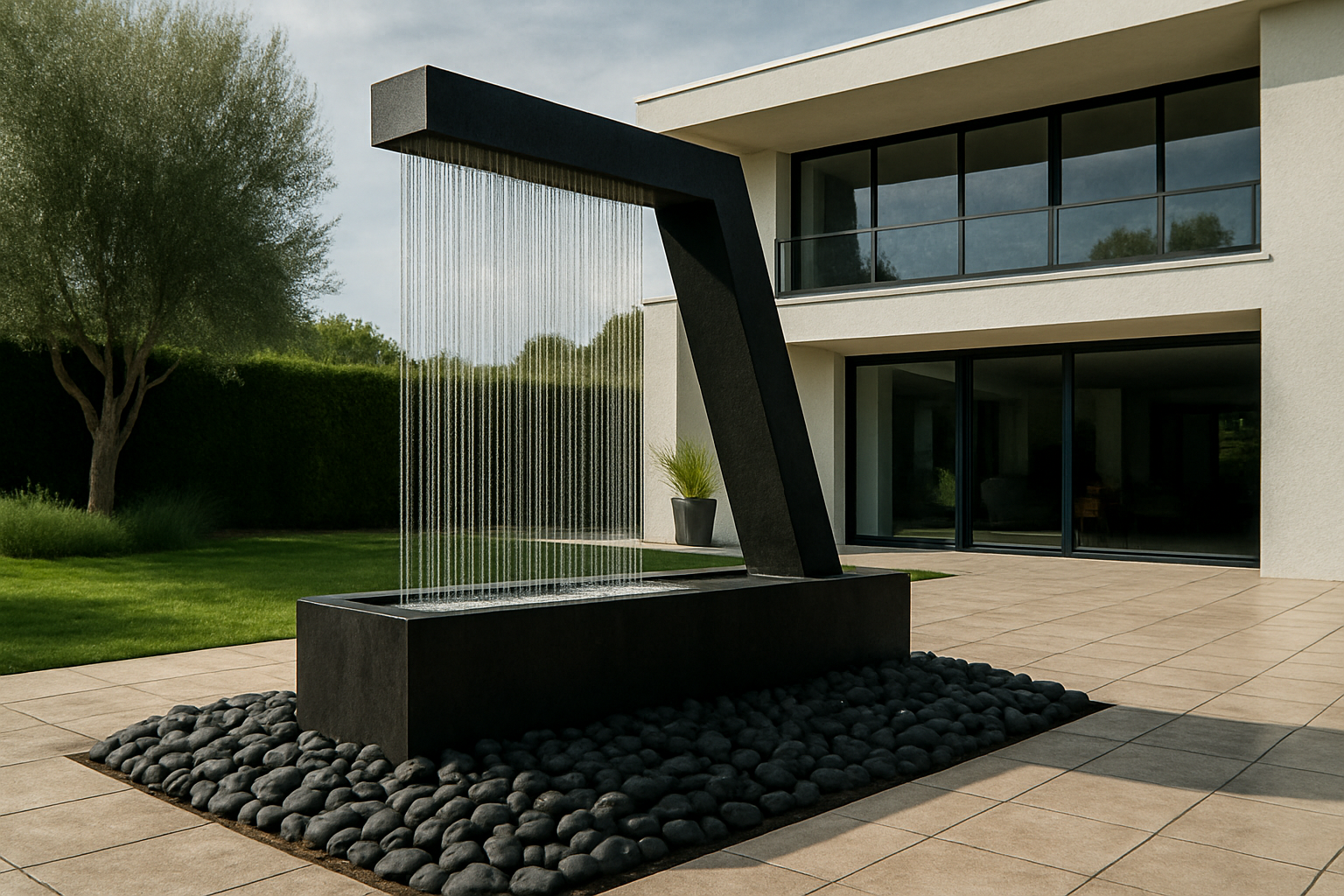 Luxury modern Zura Flow Fountain in black powder-coated finish, backyard fountain