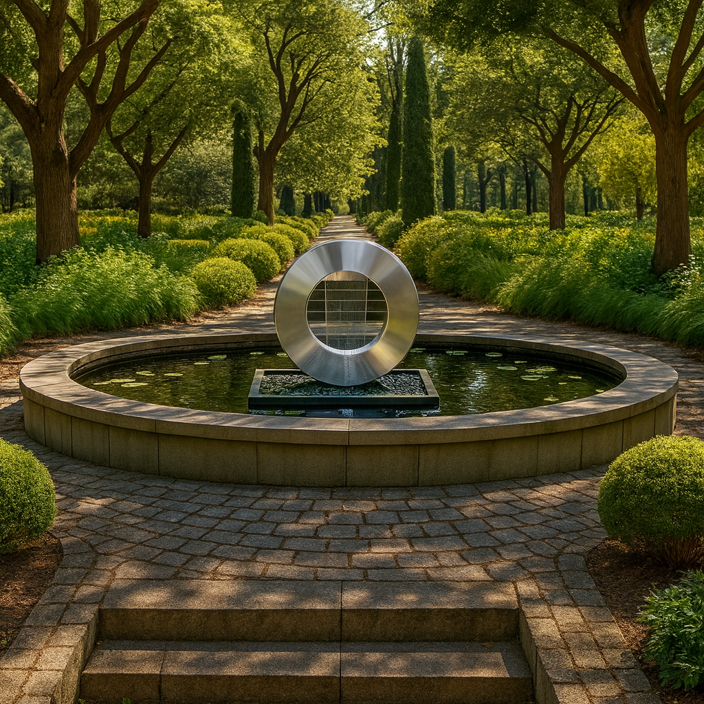 Stainless steel Halo Rain Curtain Fountain, sleek backyard installation view