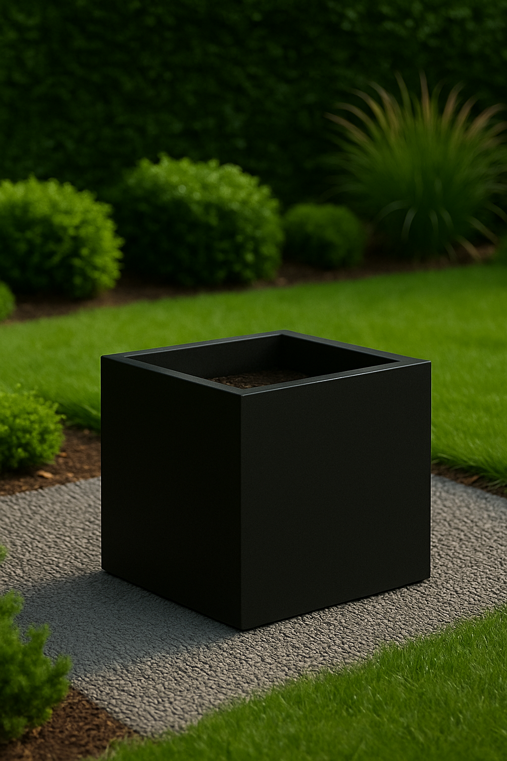 Square planter in black powder-coated steel, sleek modern outdoor planter