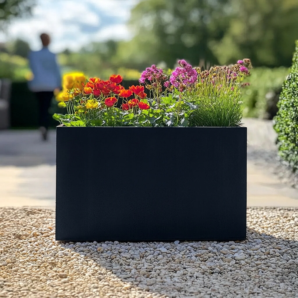 Detail view of rectangular planter in black steel, modern planter design