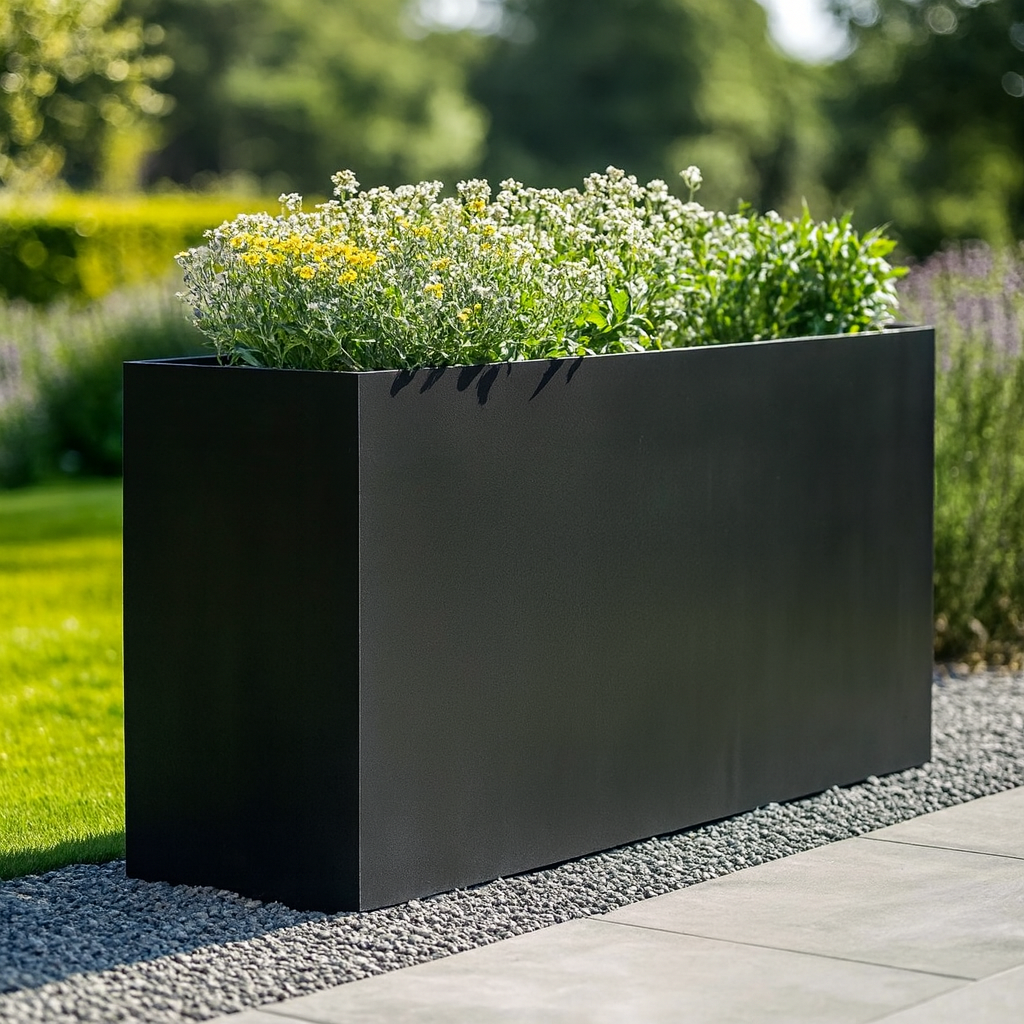 Luxury black powder-coated steel planter, contemporary outdoor design