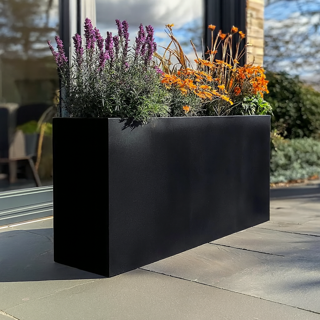 Black steel rectangular planter, modern planter for backyard gardens
