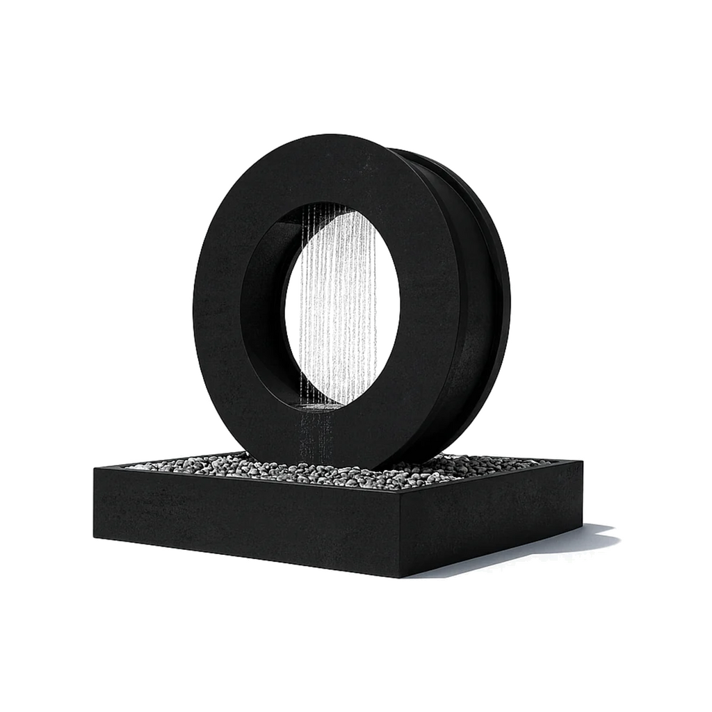 Black powder-coated Halo ring rain curtain fountain with water falling through the steel ring into a black basin with gravel