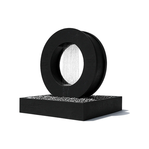 Black powder-coated Halo ring rain curtain fountain with water falling through the steel ring into a black basin with gravel