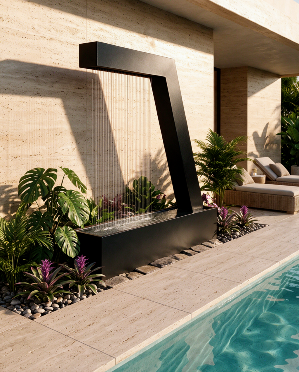 Black powder-coated Zura Flow rain curtain fountain beside a pool on a travertine terrace with tropical plants