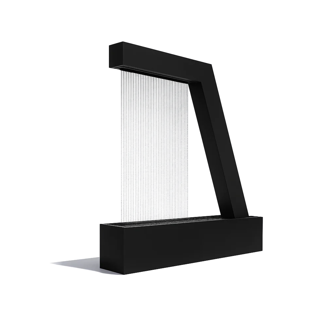 Black powder-coated Zura Flow rain curtain fountain on a white background, water falling from the angled top beam