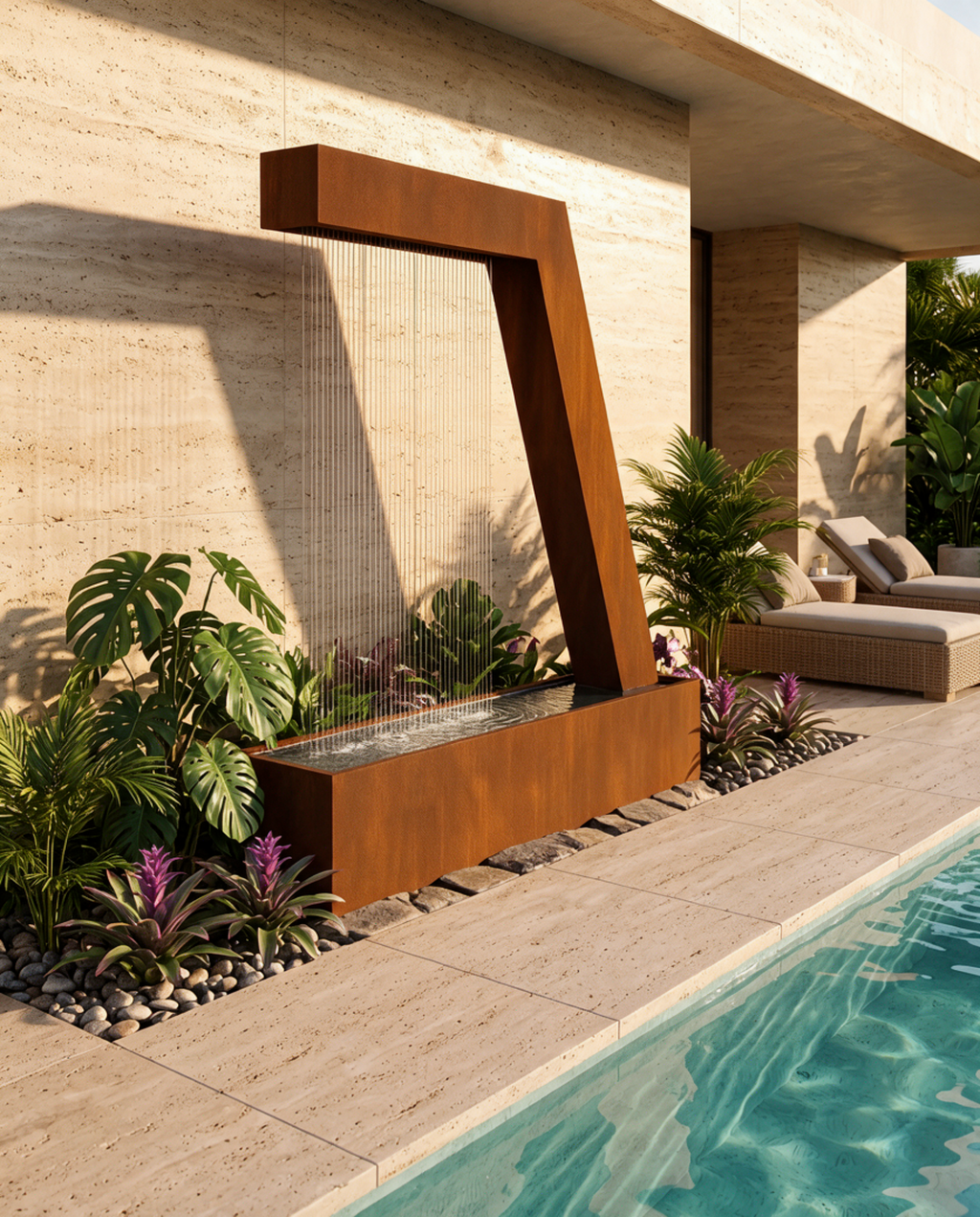 Corten steel Zura Flow rain curtain fountain beside a pool on a travertine terrace with tropical plants