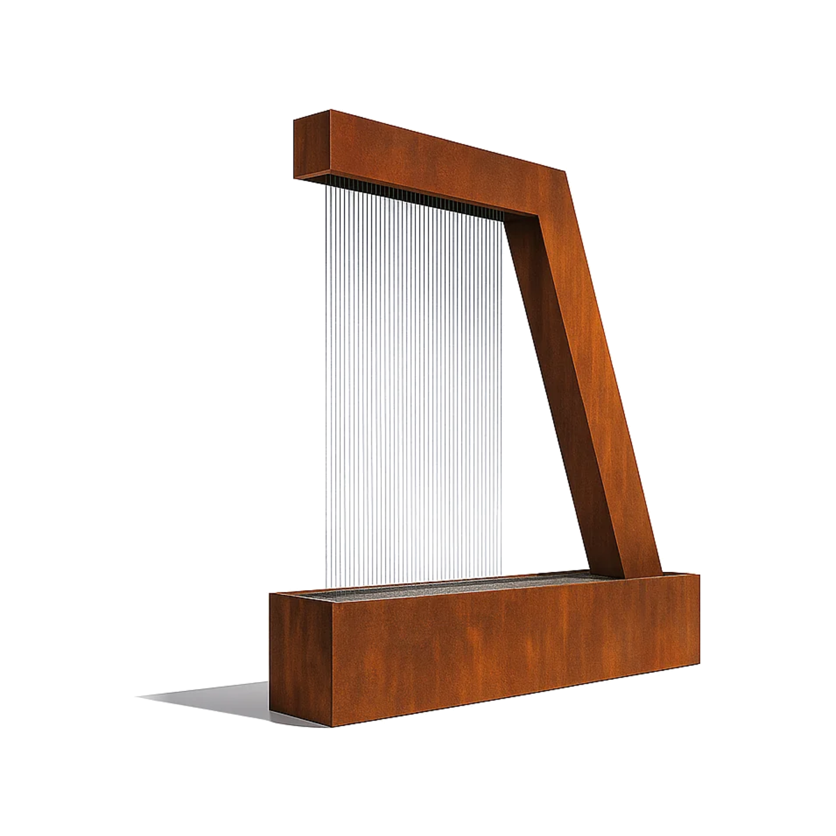 Corten steel Zura Flow rain curtain fountain on a white background, water falling from the angled top beam
